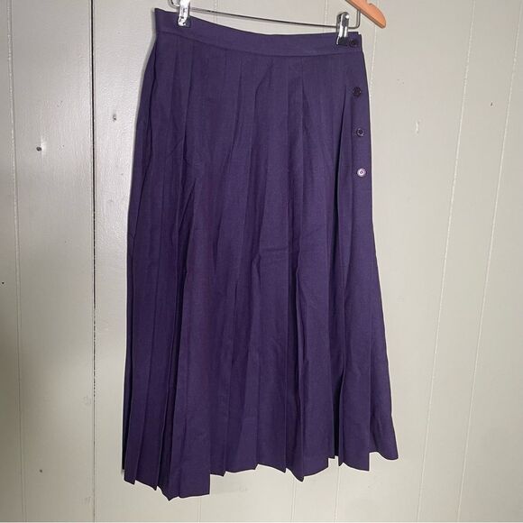 Vintage Givenchy 100% Shearing Wool Long Pleated Button Purple Skirt Size 12 - Picture 2 of 11
